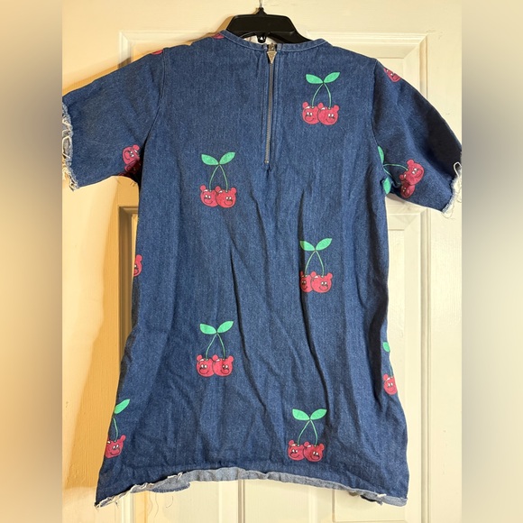 Lazy Oaf Denim Boxy T-Shirt Dress With Cherry Print - Picture 2 of 8